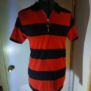 Hot Topic Red and Black Striped Polo with Zip Collar